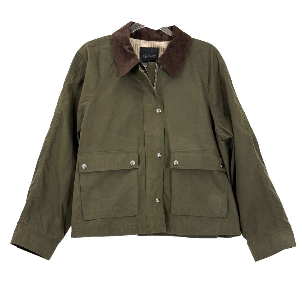 MADEWELL Waxed Zip-Front Barn Jacket XL Trench Green Corduroy Collar NWT A4 - Picture 2 of 5